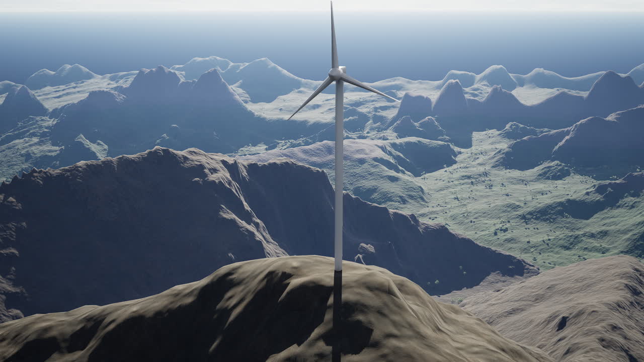 Steel wind turbine on rocky mountain peak generating renewable energy