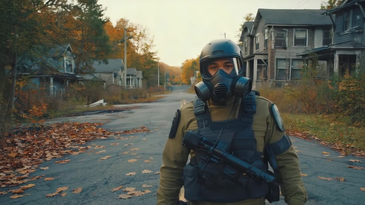 Man in Gas Mask and Body Armor in Post-Apocalyptic Setting