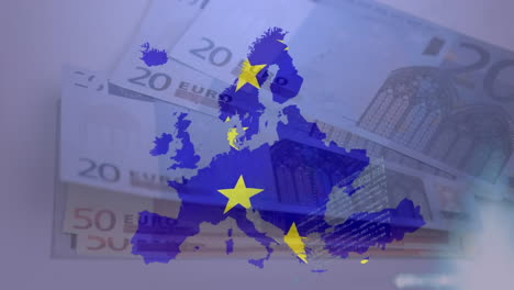 animation of waving eu flag over eu map against close up of euro bills