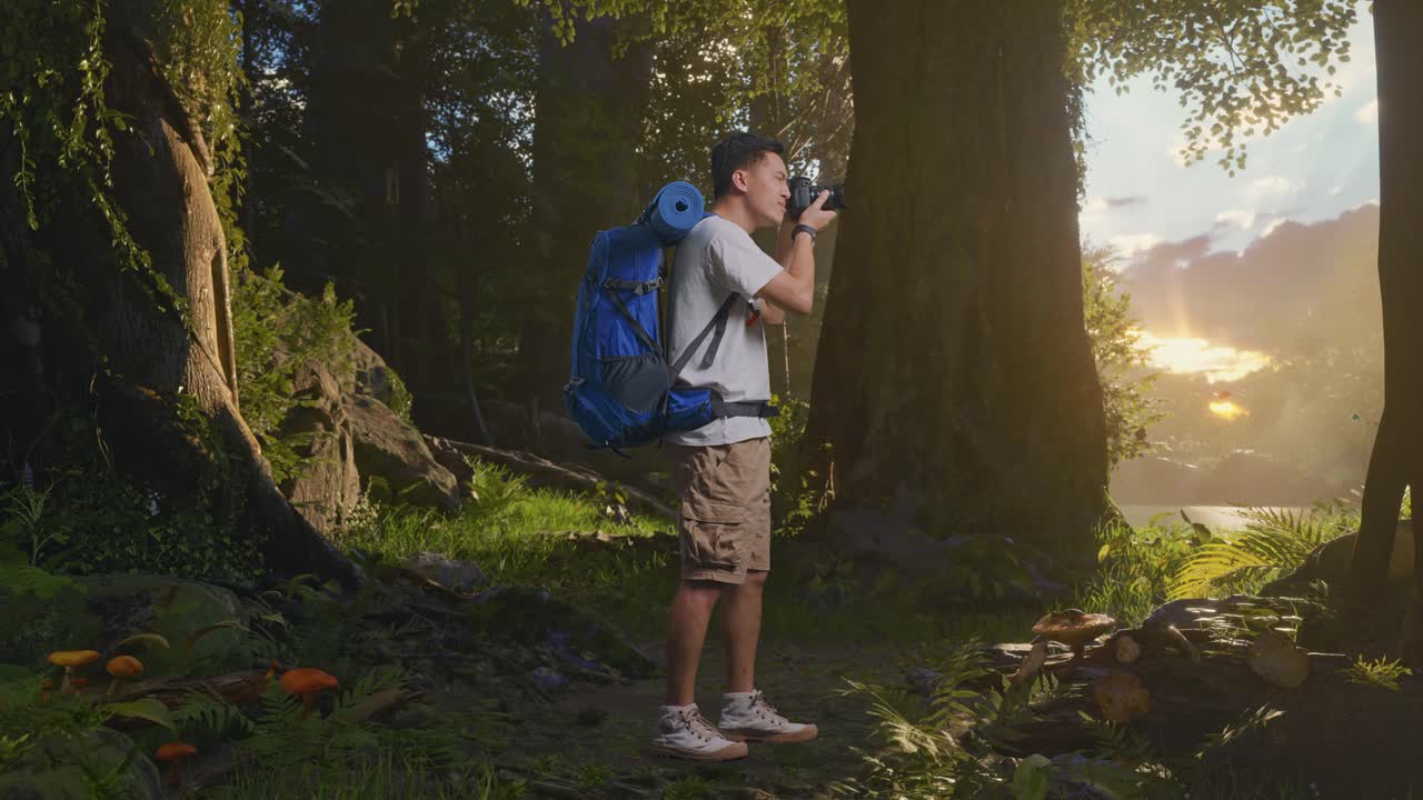 산악 배을 들고 있는 아시아 남성 하이커의 전체 몸의 측면 시각. 산악 자연을 탐험하는 동안 사진을 찍는 카메라를 사용한다.