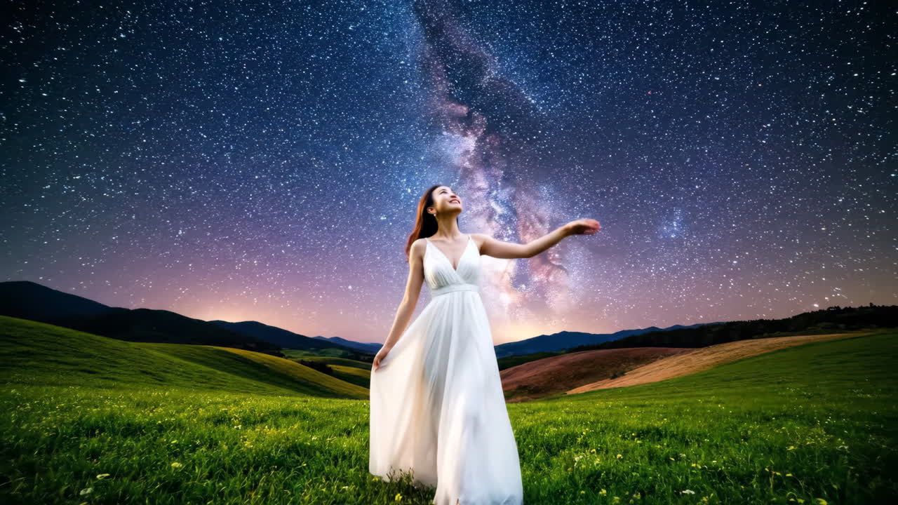 Donna in abito bianco sotto la Via Lattea.