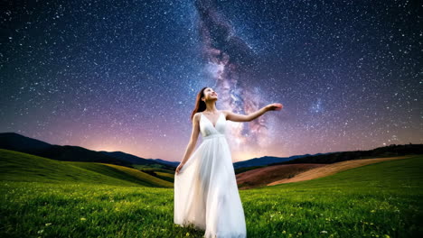 woman in white dress under the milky way