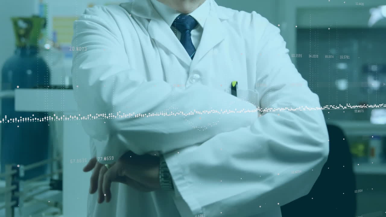 In lab, scientist crossing arms with data animation overlay on screen