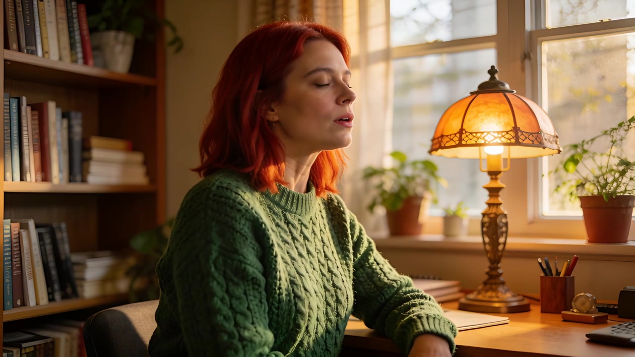 Donna dai capelli rossi con un maglione verde che fa una pausa dal lavoro alla scrivania di casa, prendendo un respiro per rilassarsi, con una lampada.