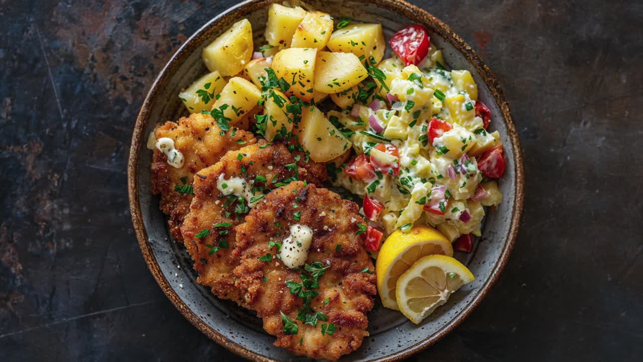 schnitzel de cerdo alemán con ensalada de patatas y patatas fritas