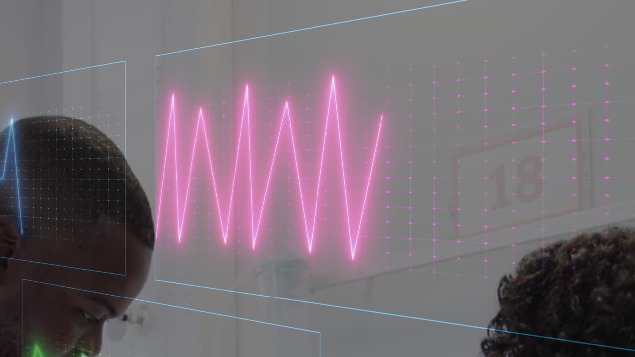 Animation of heart rate monitor over diverse male doctor examining female patient at hospital
