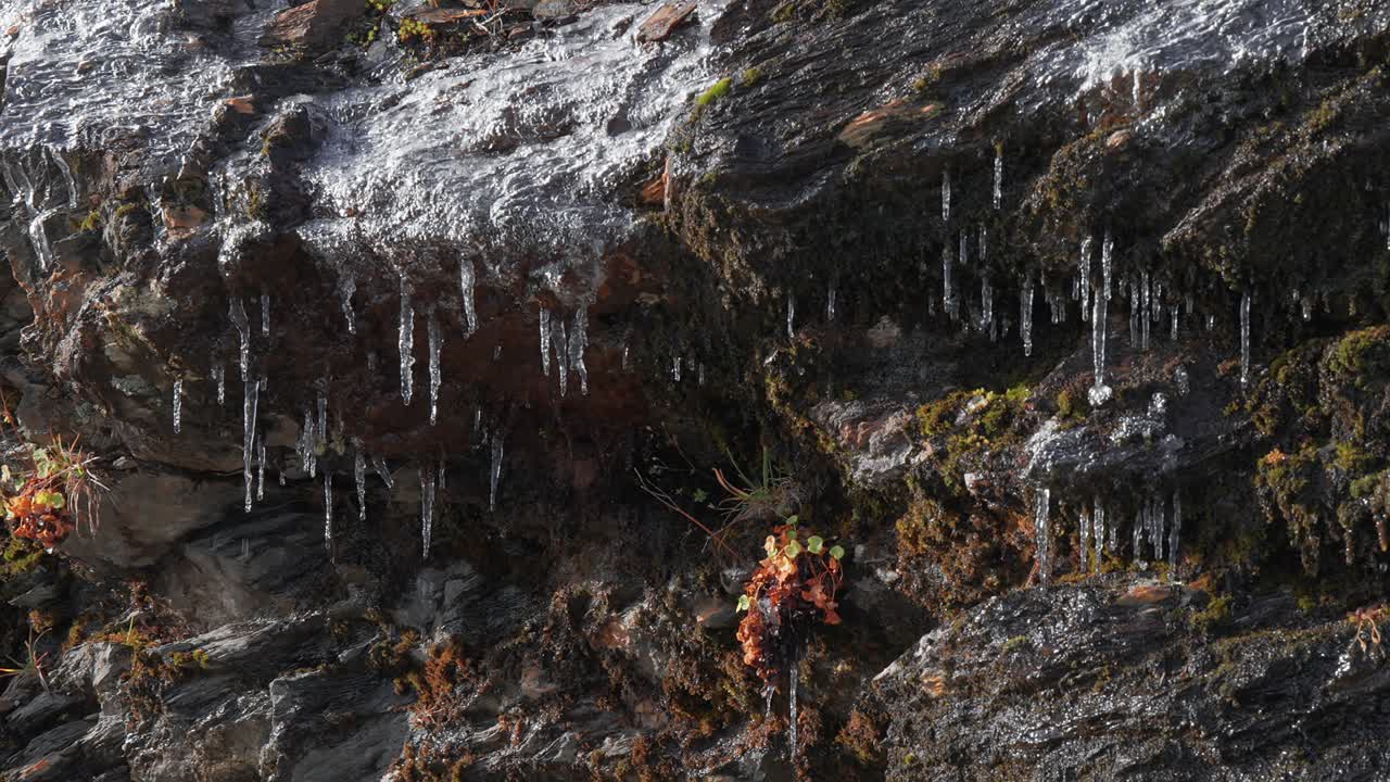una filigrana de hielo cuelga de las rocas rojas oscuras