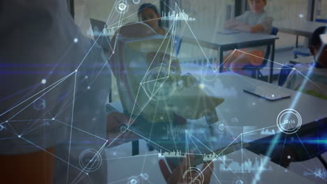 animation of networks of connections over diverse schoolchildren and teacher in classroom