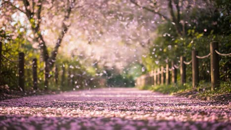 a beautiful pathway adorned with delicate blossom petals under a canopy of pink flowering trees, creating a serene and picturesque scene for nature lovers