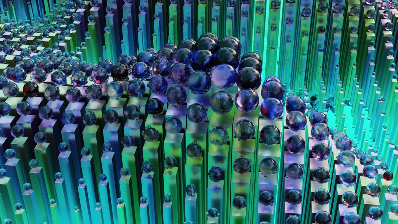 patrón geométrico abstracto de 3d render cubos y esferas, bucle, diseño de movimiento, ondas de cubos moviéndose arriba y abajo en el plano, luces de neón, ciencia ficción, bucle animación 3d sin costuras