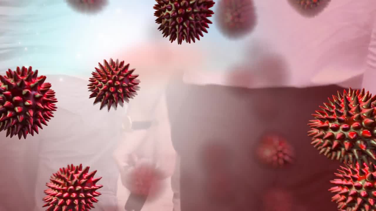 Animazione di coronavirus rosso con persone sullo sfondo