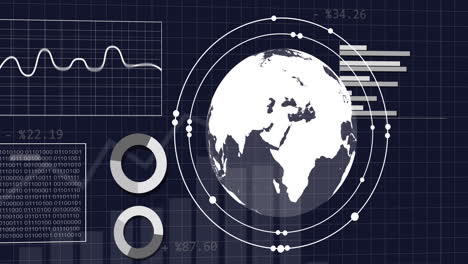 animation of interface with spinning globe and statistical data processing against blue background