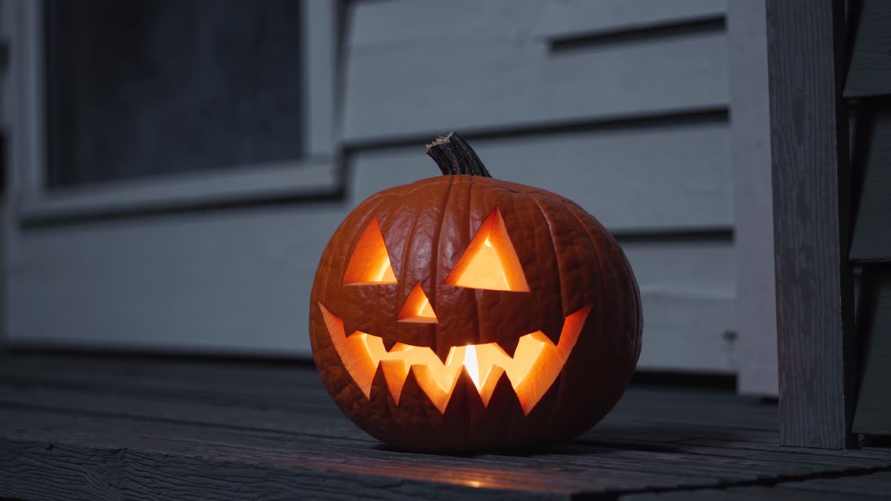 Low-angle shot of a glowing jack-o'-lantern on a porch, capturing a spooky Halloween vibe