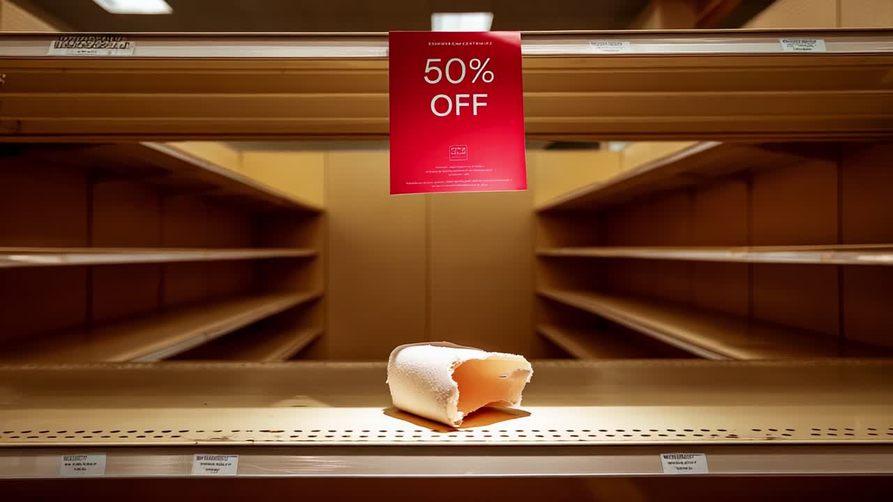 A solitary item sits on an empty shelf marked with a '50% OFF' sign, highlighting the impact of consumer behavior and shopping trends in modern retail settings