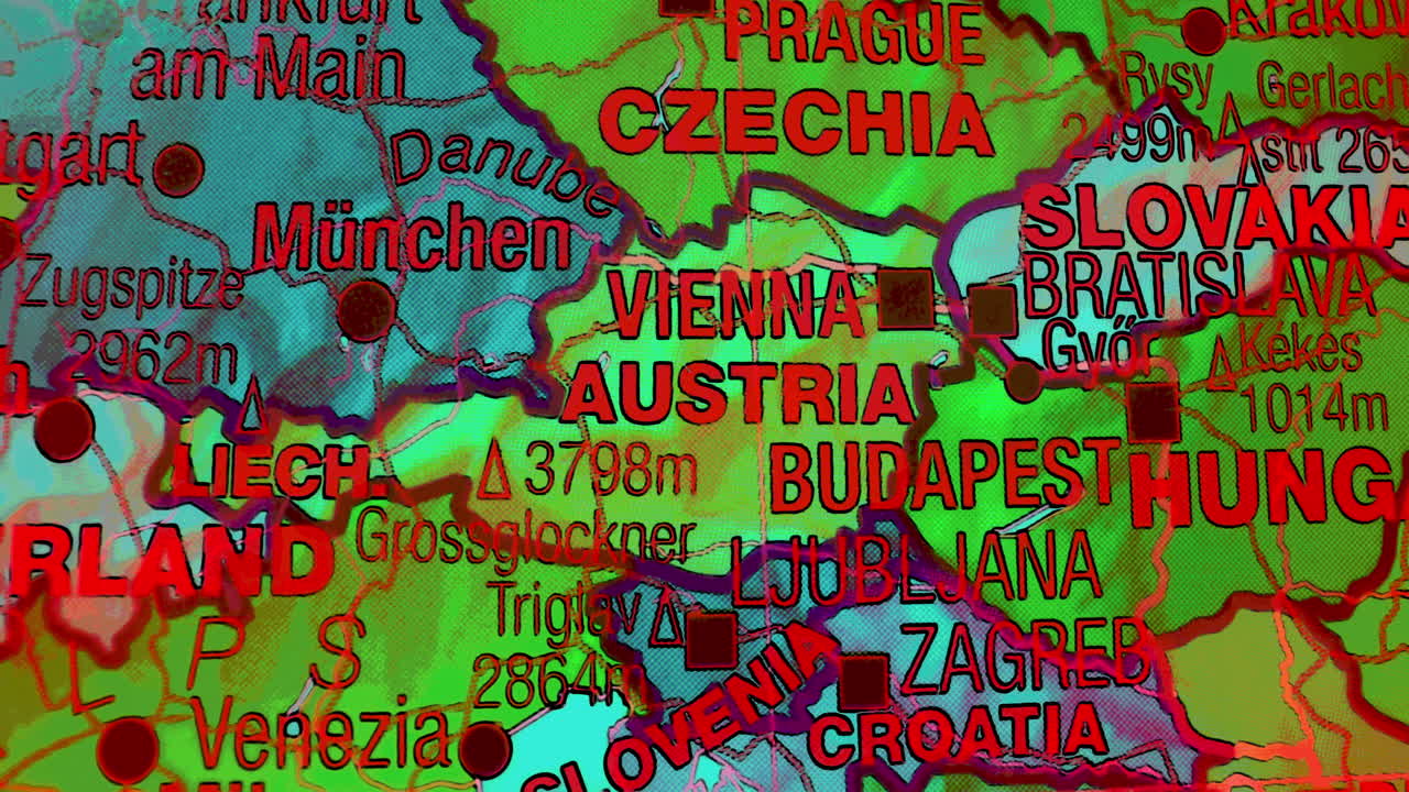 Close-up of a Colorful Map of Central Europe