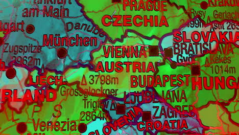 close-up of a colorful map of central europe