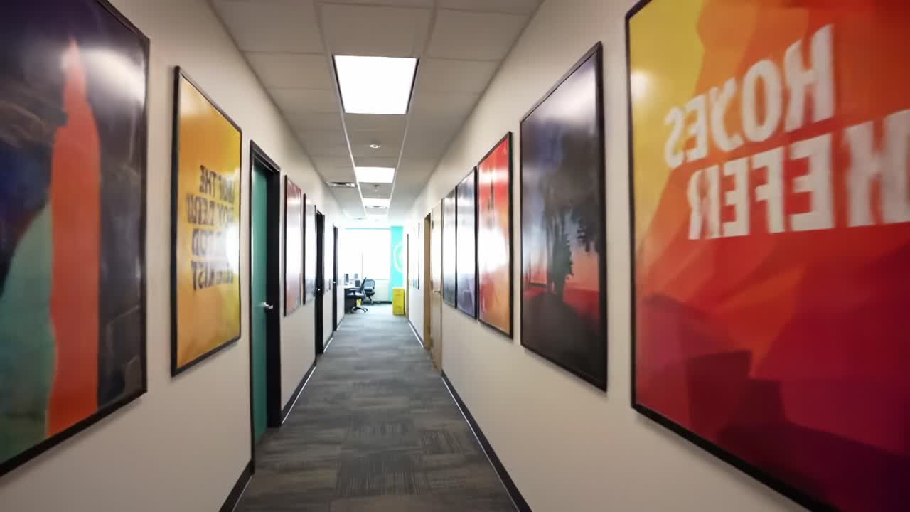 A Bright and Vibrant Office Corridor Showcasing Colorful Artwork and Modern Decor, Leading to an Inviting Workspace with Natural Light and Contemporary Design