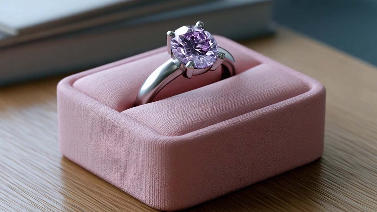 Squisito anello con gemma rosa esposto elegantemente in una scatola imbottita, che ne mostra la brillantezza scintillante e l'eleganza senza tempo su una superficie di legno naturale.