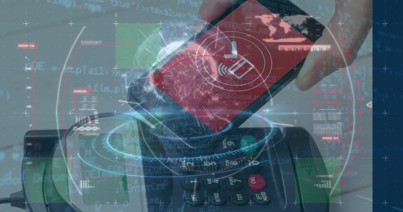 Animation of financial data processing and globe over smartphone and payment terminal