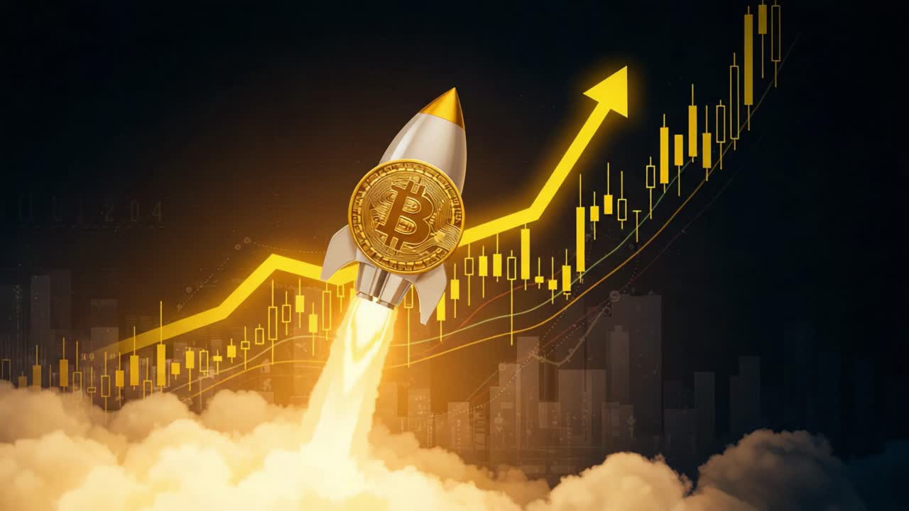 A Golden Bitcoin Rocket Launching Through the Clouds, Symbolizing Soaring Cryptocurrency Prices and Market Growth with a Dynamic Graph Background