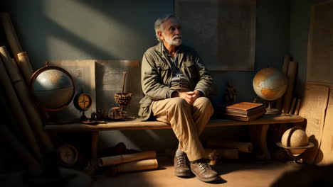 a thoughtful man surrounded by maps and globes