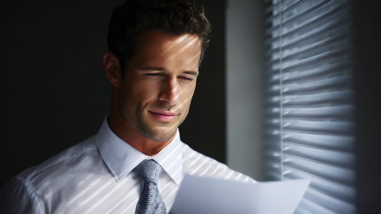 A thoughtful man examines a document while standing by a window, illuminated by soft light casting lines over him, suggesting introspection and analysis in a serene atmosphere