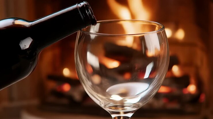 Tilting dark wine bottle pouring red wine into stemmed glass at lit fireplace, bubbles and glow