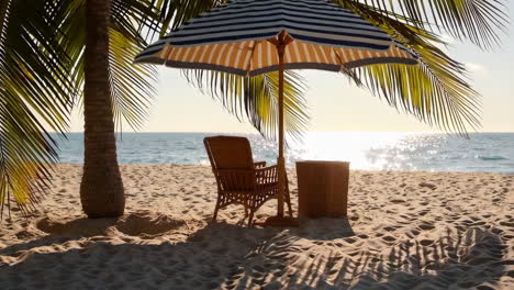 serene tropical beach scene with a palm tree, umbrella, and chair