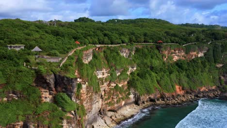 Idyllic-Scenery-Of-Uluwatu-Cliffs-In-Bali,-Indonesia---aerial-drone-shot