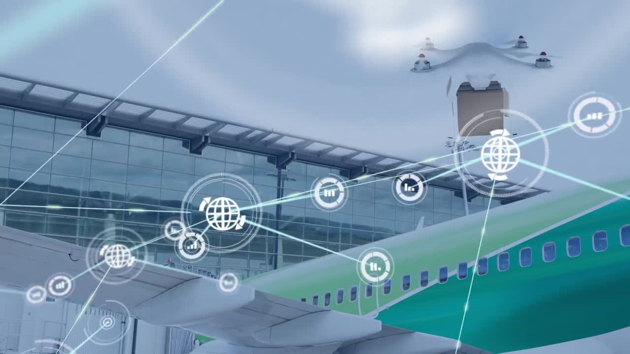 패키지를 운반하는 드론을 통해 아이콘으로 연결된 네트워크의 애니메이션