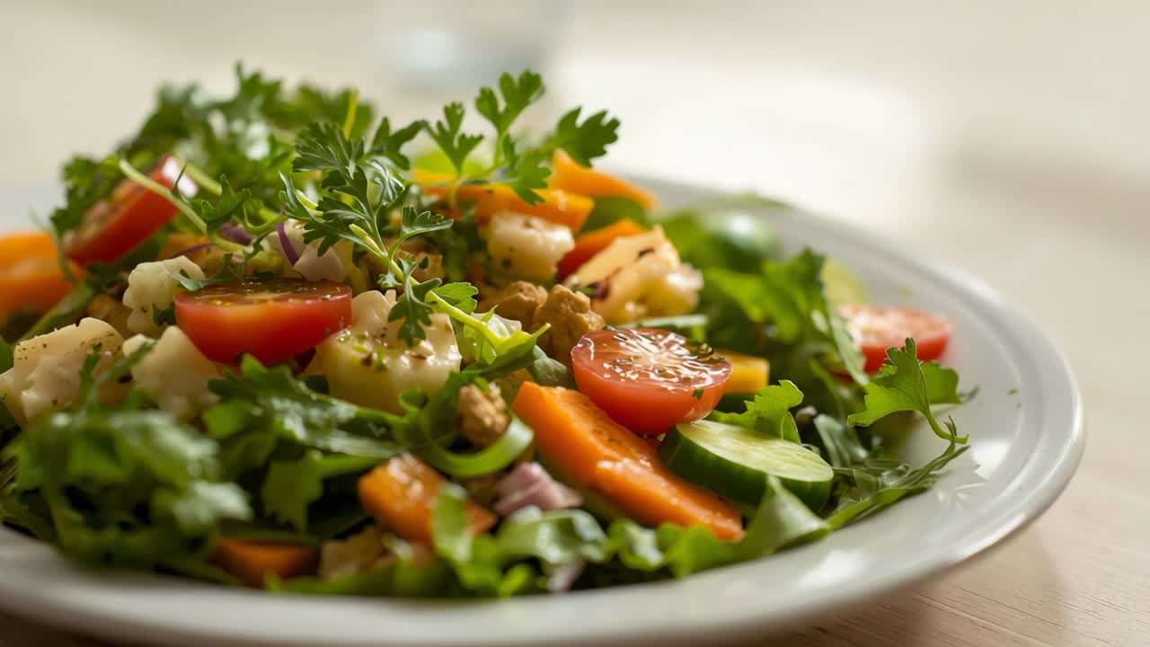 Starting camera panning ceramic salad plate in kitchen, showing vibrant greens, tomatoes, parsley