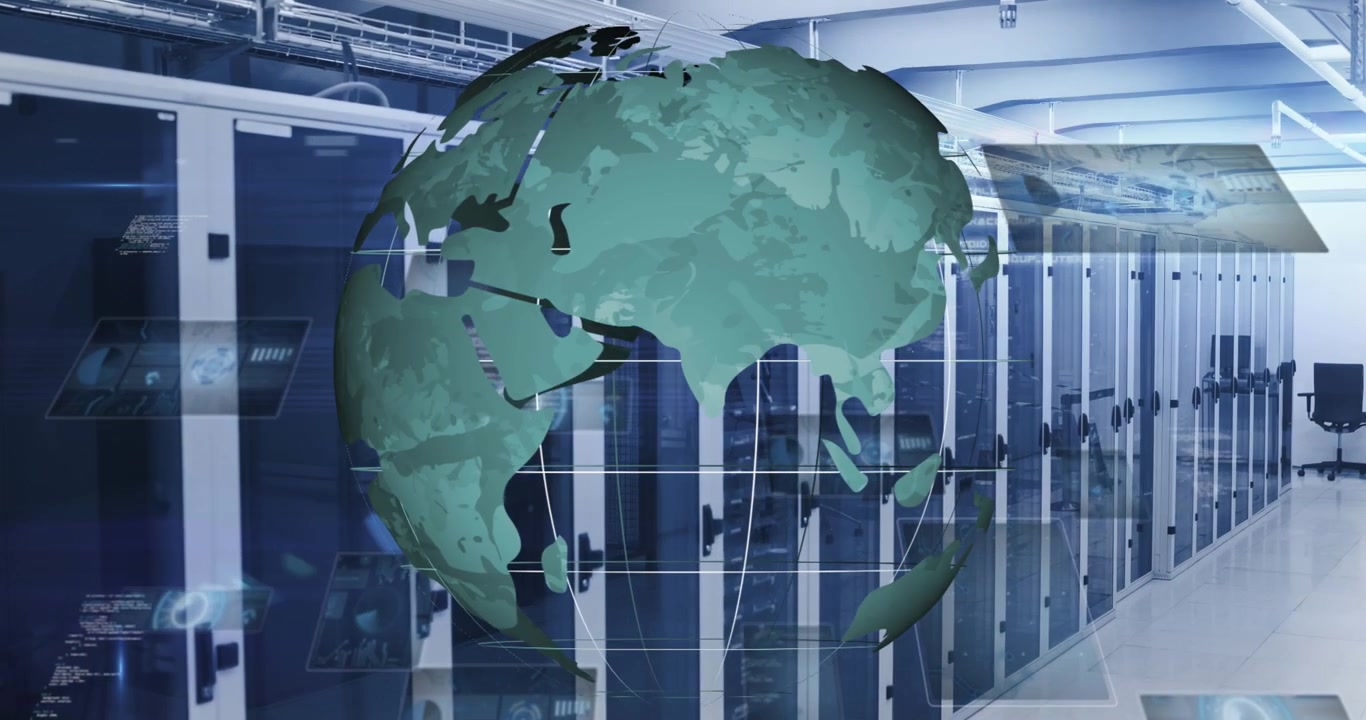 Animation of globe with data processing over server room