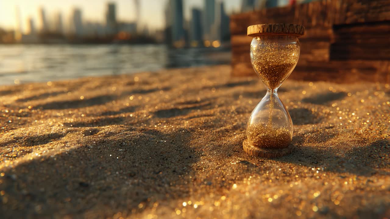 Una clessidra affascinante riposa su una spiaggia sabbiosa, scintillando sotto la calda luce del sole, simboleggiando il passare del tempo in un tranquillo scenario costiero.