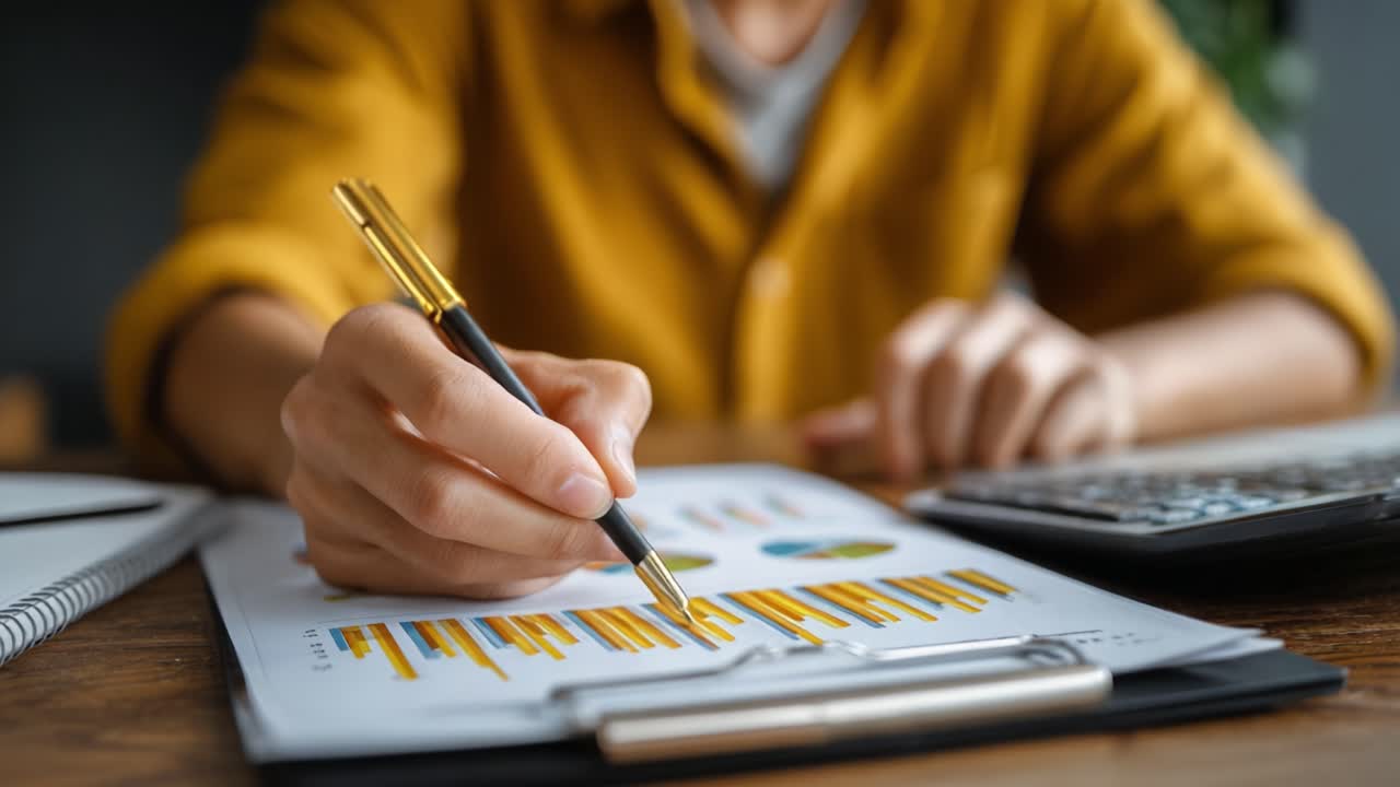 Analyzing Data: A Focused Individual Reviews Graphs and Charts with a Pen While Utilized a Calculator for Accurate Financial Assessment