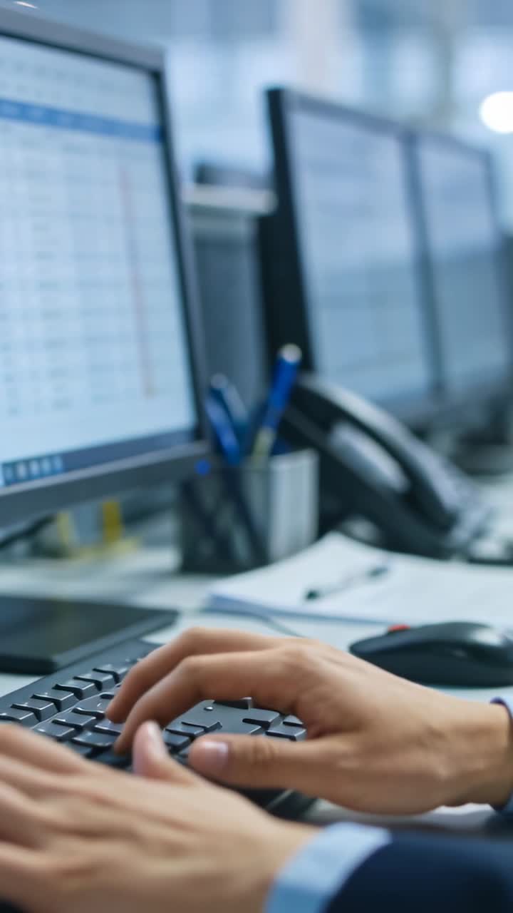 Video verticale: Mani sospese che digitano con un polsino blu su una tastiera cablata, mouse in ufficio che modifica una griglia