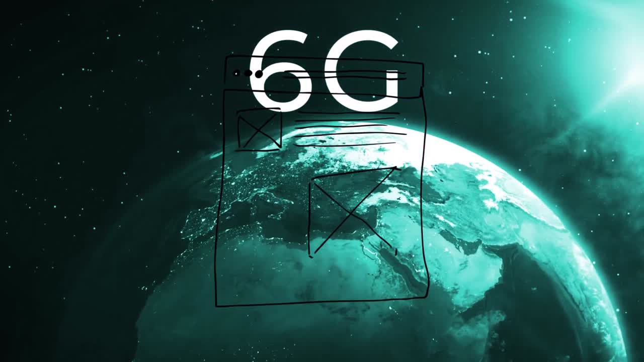 Animaatio nousevasta auringosta maapallon yllä avaruudessa ja 6G-tekstistä.