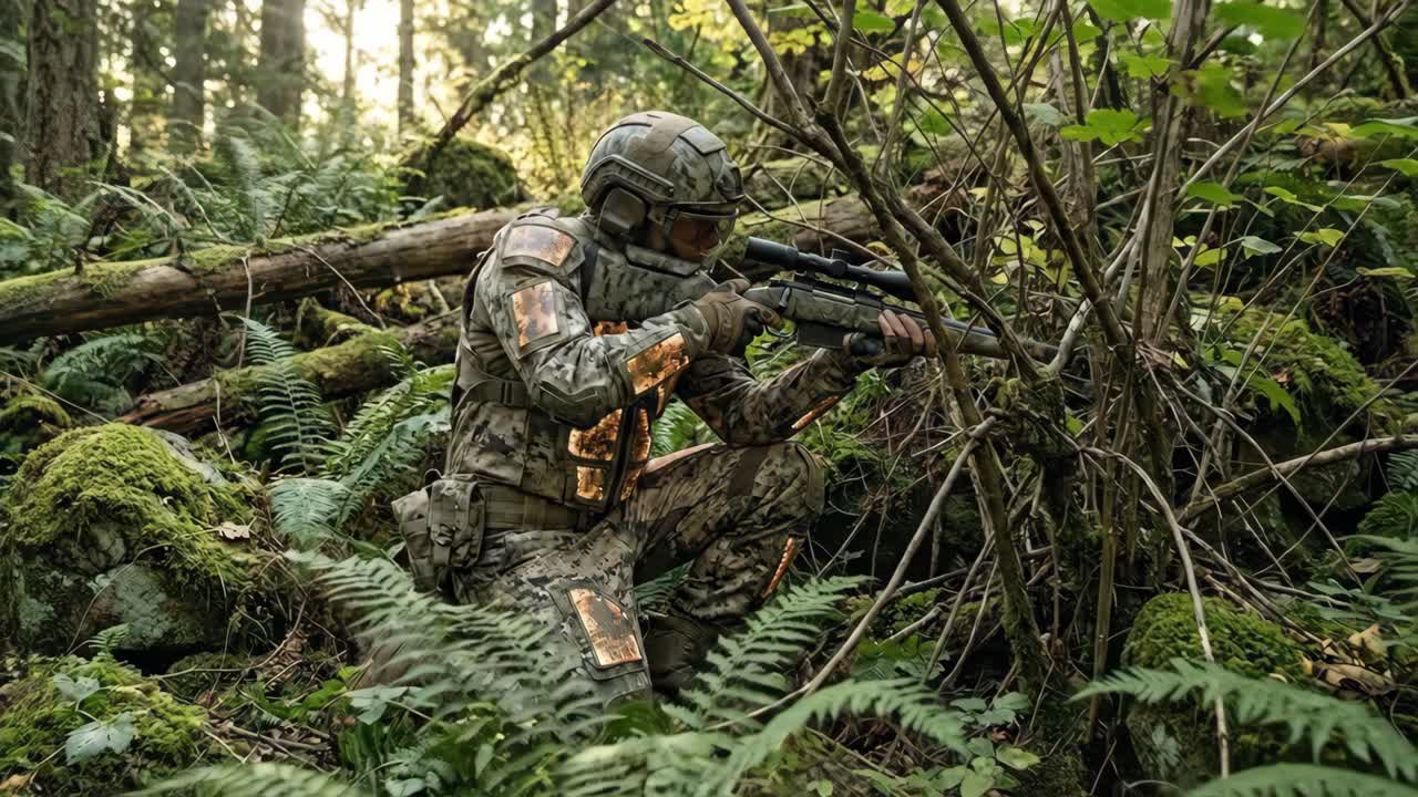 Soldato con equipaggiamento mimetico che punta un fucile da cecchino nella foresta