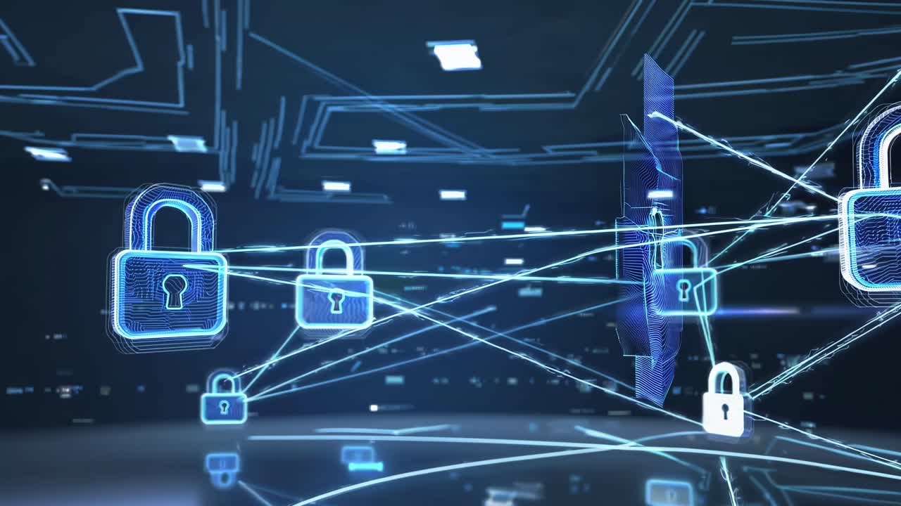 Cybersecurity Concept with Glowing Digital Padlocks and Network Connections