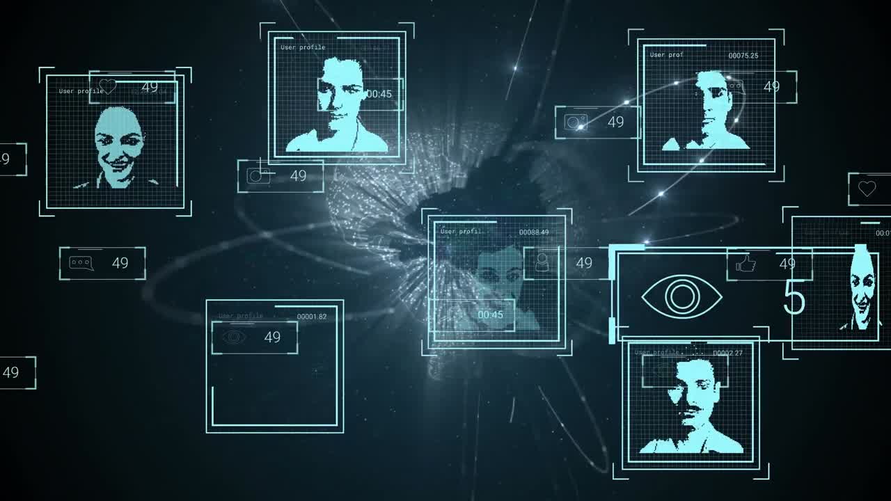 animación de fotos de usuarios, reacciones en las redes sociales y procesamiento de datos en el espacio digital