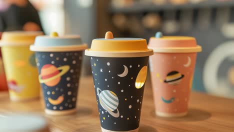 cute space-themed drinkware on a table