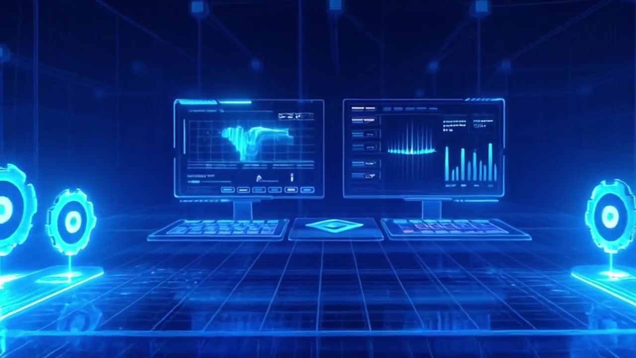 Digital Data Network Visualization with Glowing Blue HUD Interface