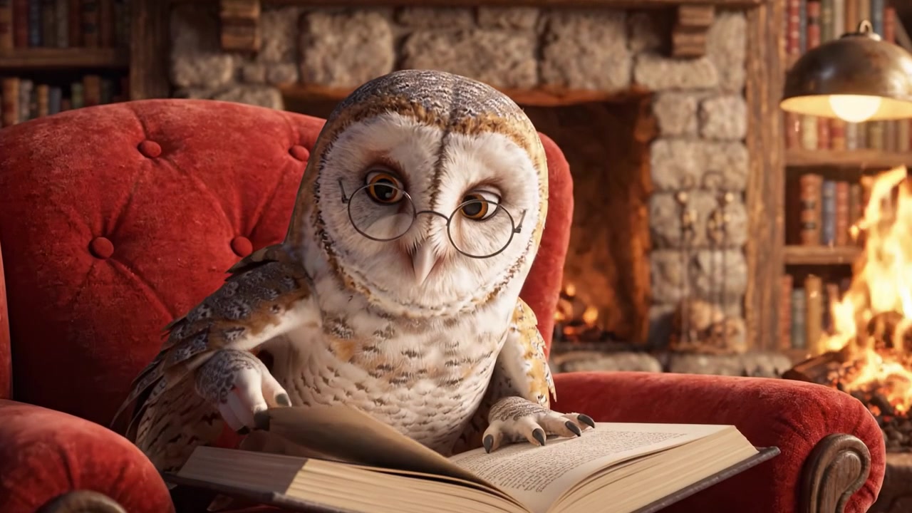 A Wise Owl in Glasses Reading a Book in a Cozy Library Setting by the Fireplace, Surrounded by Bookshelves Filled with Literature