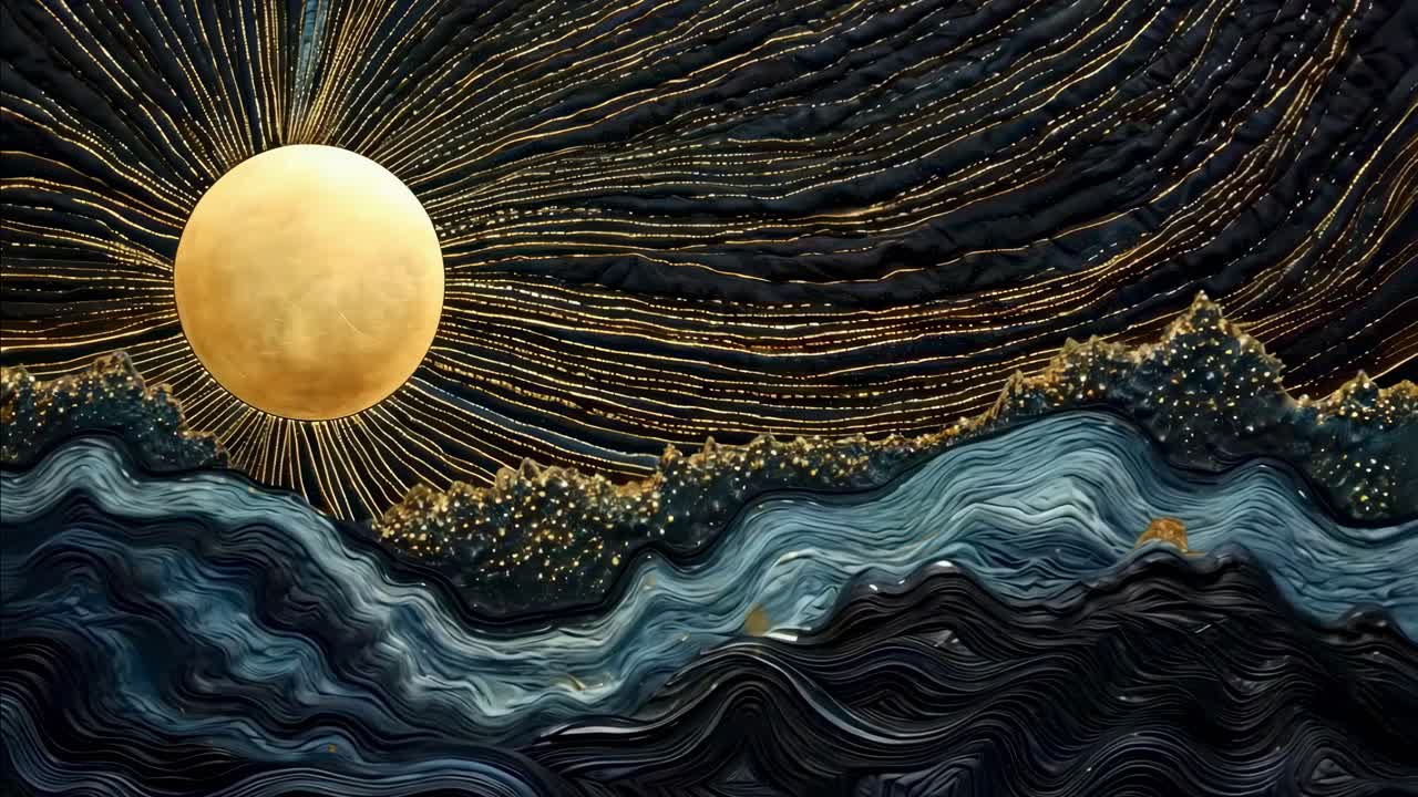 Abstraktní videoart zobrazující zlaté slunce s vyzařujícími liniemi nad texturovanými vlnami
