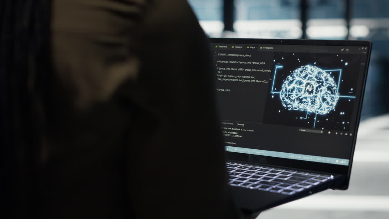 Data center computer scientist doing AI data analysis on laptop