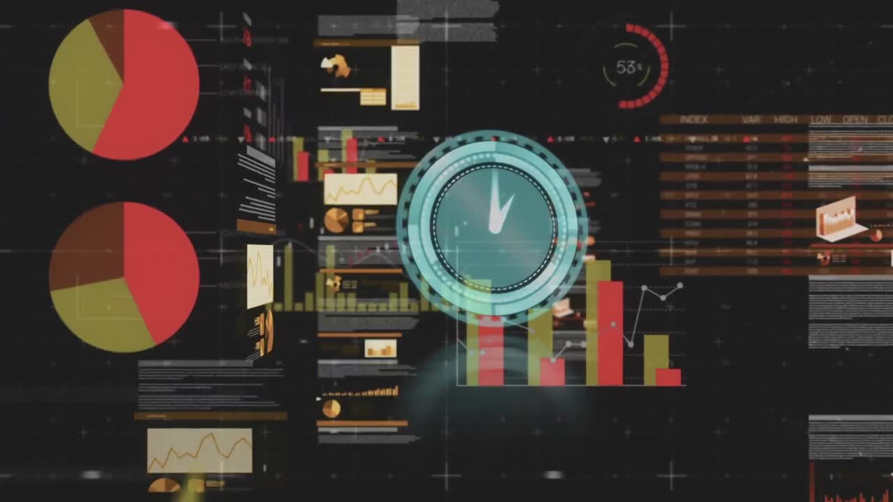 Animation of clock moving fast over statistics and financial data processing