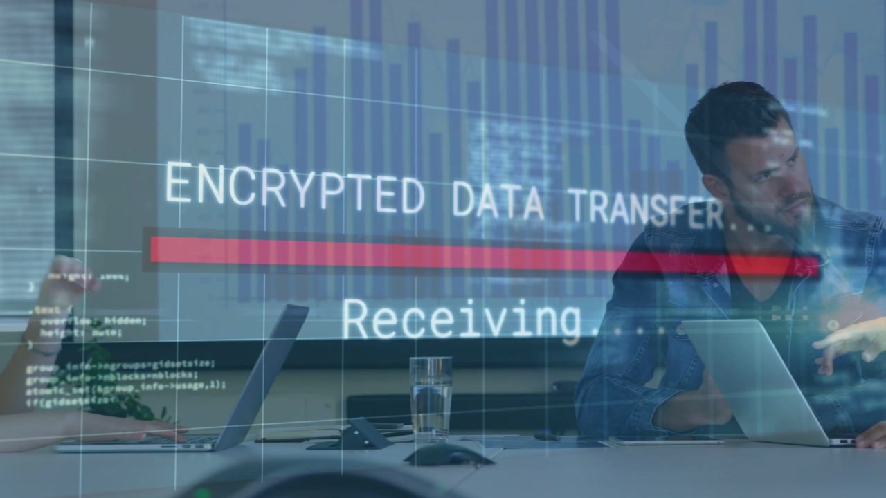 Woman typing laptop in tech meeting receiving secure overlay man joining analyzing chart for review