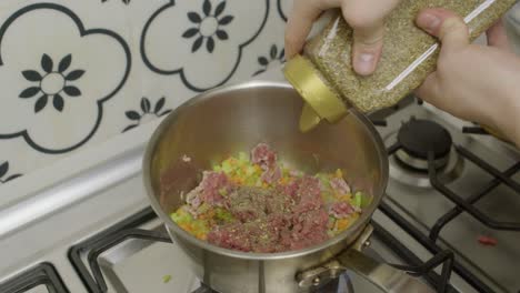 adding oregano spice into cooking pot with mixed meat and vegetables