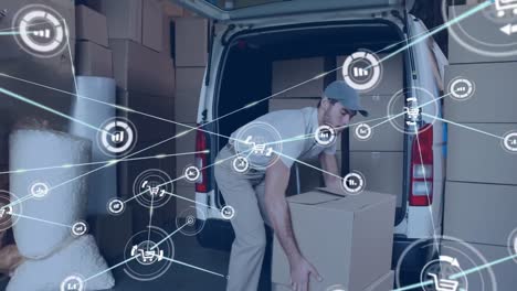 animation of network of digital icons over caucasian delivery man stacking boxes in his delivery van