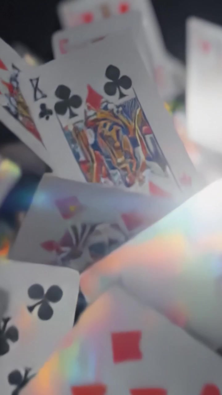 Una cascata ipnotizzante di carte da gioco che scendono con grazia nell'aria, mettendo in mostra i loro design vivaci su uno sfondo scuro, catturando l'attenzione dello spettatore.