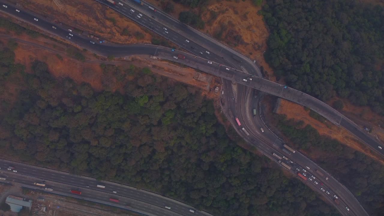 Pune Mumbai Expressway traffic movement , Lonavala, Maharashtra, Drone shot, Panoramic view